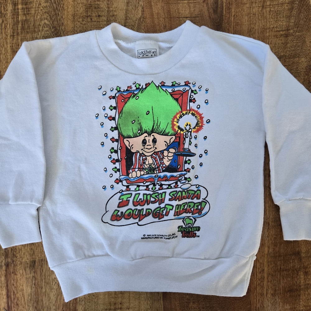 Treasure Trolls Kids White Sweatshirt with Green and Red CHRISTMAS Design
